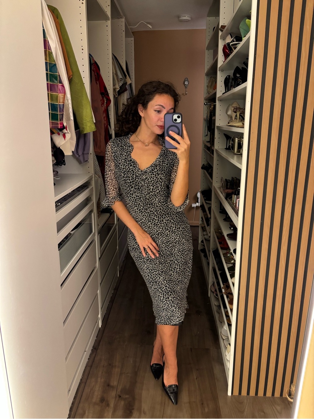 100% silk leopard print midi dress with sheer sleeves and ruffle hem